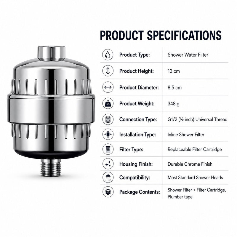 Premium Inline Shower Filter – Universal G1/2, Chrome | Hair & Skin Protection | Universal Shower Water Filter for Bathroom