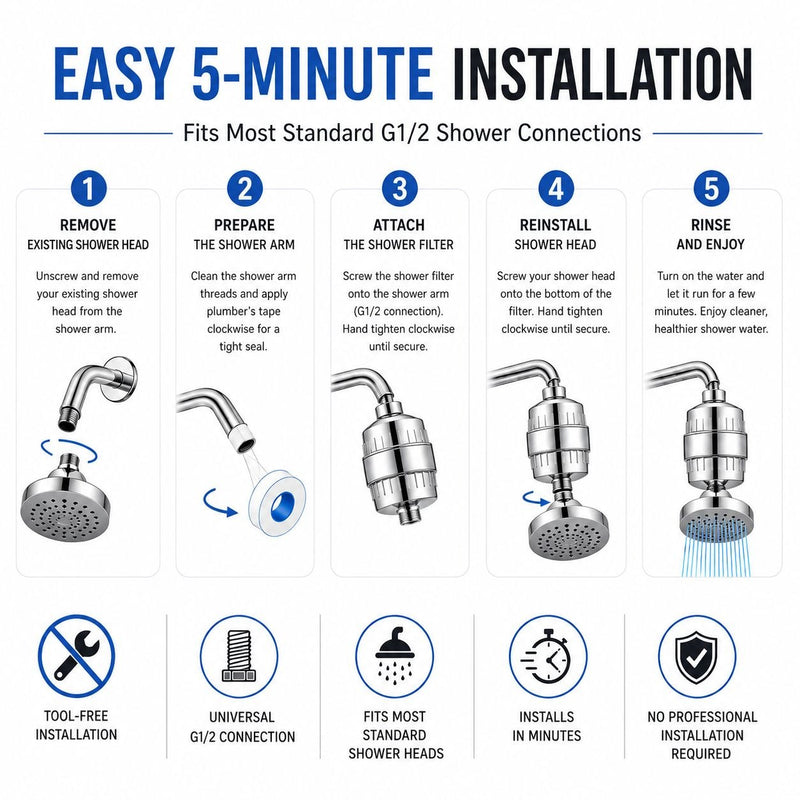 Premium Inline Shower Filter – Universal G1/2, Chrome | Hair & Skin Protection | Universal Shower Water Filter for Bathroom
