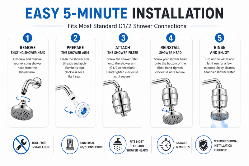 Premium Inline Shower Filter – Universal G1/2, Chrome | Hair & Skin Protection | Universal Shower Water Filter for Bathroom