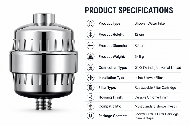 Premium Inline Shower Filter – Universal G1/2, Chrome | Hair & Skin Protection | Universal Shower Water Filter for Bathroom